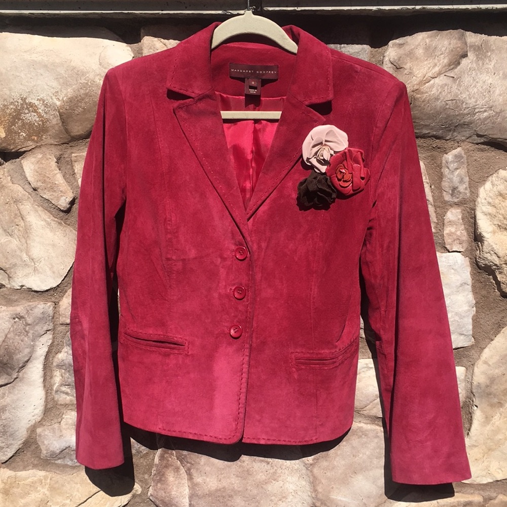 Vintage Margaret Godfrey Suede Jacket Pink 3 Button Blazer Size 12 Flower Detail